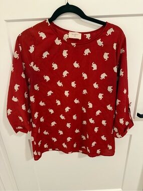 Everly Elephant Print Blouse Women’s Medium Red White 3/4 Sleeve Made in USA